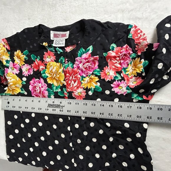 Vintage Maggy London Womens 100% Silk Floral Polka Dot Blouse Size 6 Black Multi - Picture 6 of 8